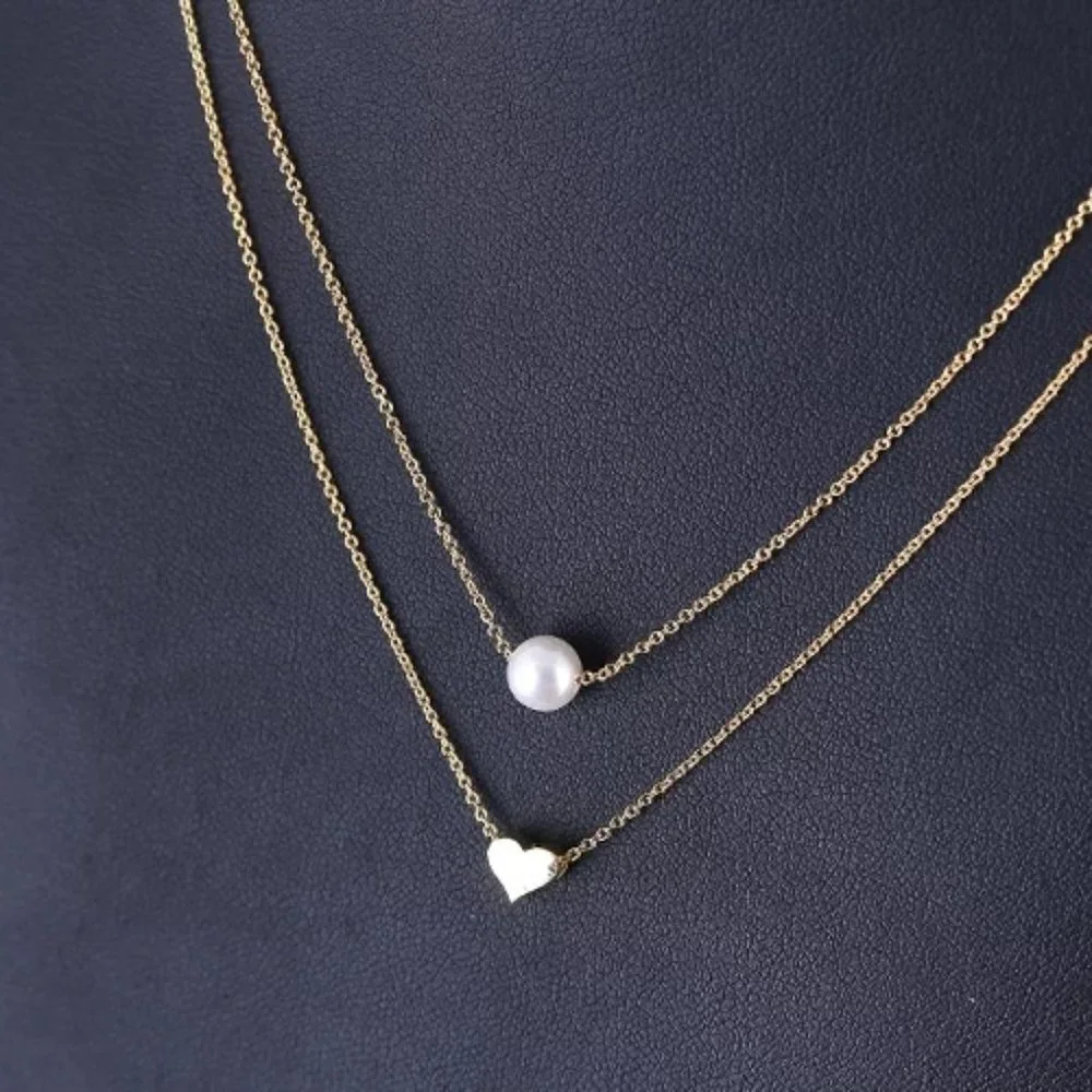 925 Sterling Silver Double Layer Pearl Heart Necklace - Picture 3 of 10